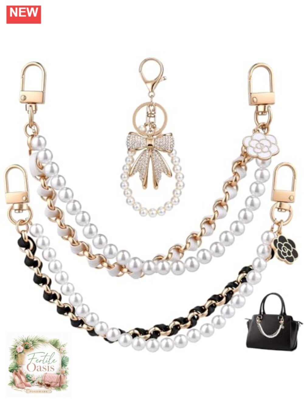 4-Piece Purse Charm Set with Pearl Chains, Rhinestone Bow Keychain & Gold-Tone